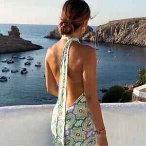 Zara Retro Floral Halter Maxi Dress XL Backless Tie Neck Summer Resort EUC